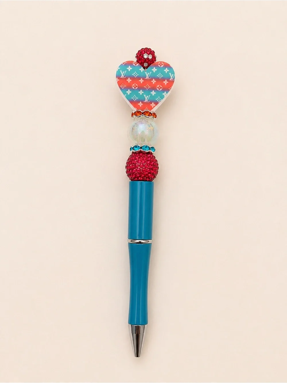 Handmade trendy fashion beaded pen with Rhinestone Heart Keychain